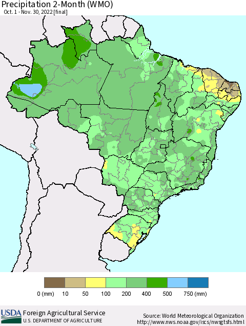 Brazil Precipitation 2-Month (WMO) Thematic Map For 10/1/2022 - 11/30/2022