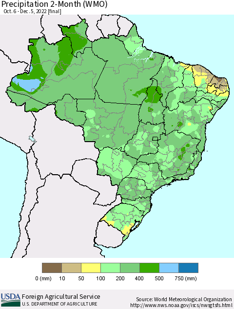 Brazil Precipitation 2-Month (WMO) Thematic Map For 10/6/2022 - 12/5/2022
