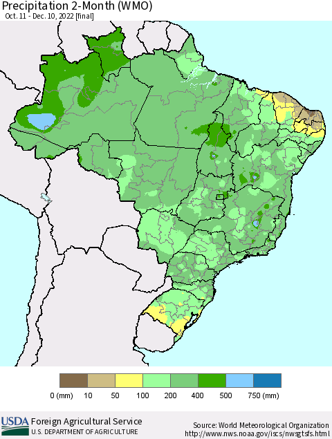 Brazil Precipitation 2-Month (WMO) Thematic Map For 10/11/2022 - 12/10/2022