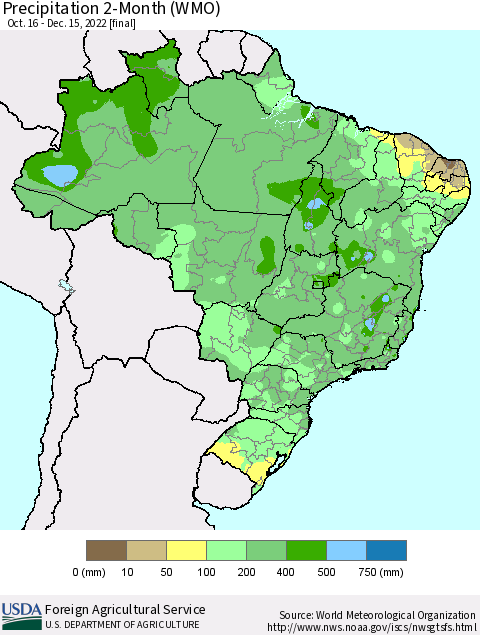 Brazil Precipitation 2-Month (WMO) Thematic Map For 10/16/2022 - 12/15/2022