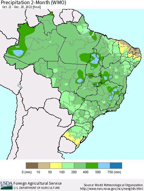 Brazil Precipitation 2-Month (WMO) Thematic Map For 10/21/2022 - 12/20/2022