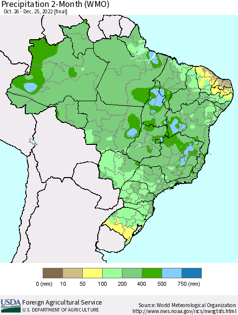 Brazil Precipitation 2-Month (WMO) Thematic Map For 10/26/2022 - 12/25/2022