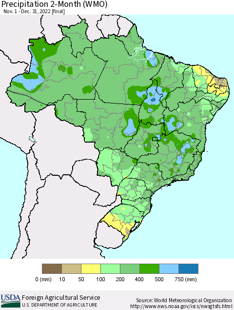 Brazil Precipitation 2-Month (WMO) Thematic Map For 11/1/2022 - 12/31/2022