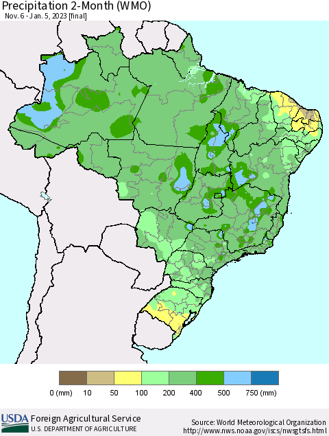 Brazil Precipitation 2-Month (WMO) Thematic Map For 11/6/2022 - 1/5/2023