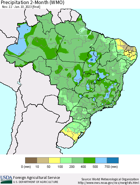 Brazil Precipitation 2-Month (WMO) Thematic Map For 11/11/2022 - 1/10/2023