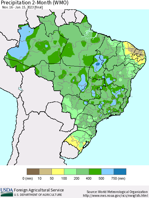 Brazil Precipitation 2-Month (WMO) Thematic Map For 11/16/2022 - 1/15/2023