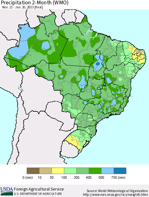 Brazil Precipitation 2-Month (WMO) Thematic Map For 11/21/2022 - 1/20/2023