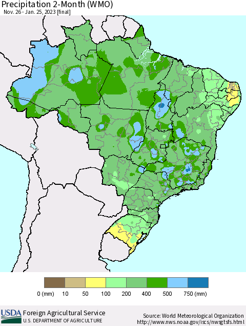 Brazil Precipitation 2-Month (WMO) Thematic Map For 11/26/2022 - 1/25/2023