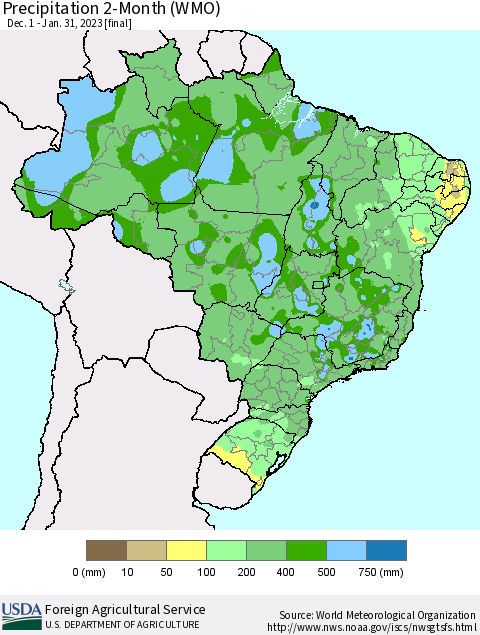 Brazil Precipitation 2-Month (WMO) Thematic Map For 12/1/2022 - 1/31/2023