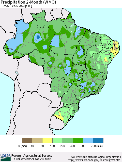 Brazil Precipitation 2-Month (WMO) Thematic Map For 12/6/2022 - 2/5/2023