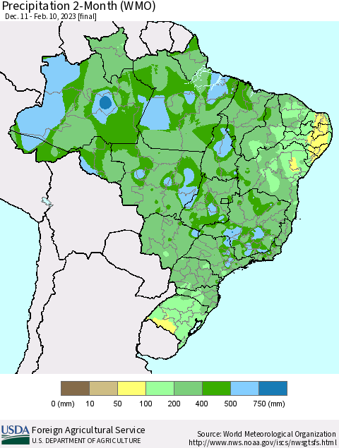 Brazil Precipitation 2-Month (WMO) Thematic Map For 12/11/2022 - 2/10/2023