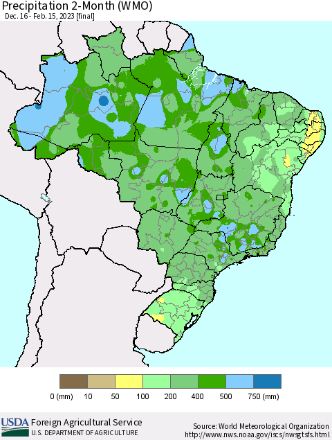 Brazil Precipitation 2-Month (WMO) Thematic Map For 12/16/2022 - 2/15/2023