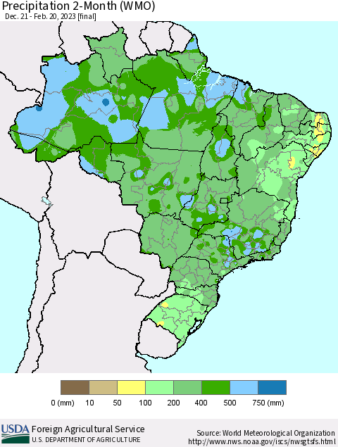 Brazil Precipitation 2-Month (WMO) Thematic Map For 12/21/2022 - 2/20/2023
