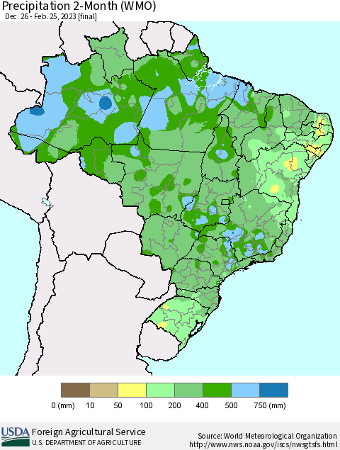 Brazil Precipitation 2-Month (WMO) Thematic Map For 12/26/2022 - 2/25/2023