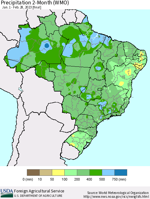 Brazil Precipitation 2-Month (WMO) Thematic Map For 1/1/2023 - 2/28/2023