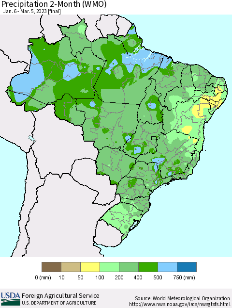 Brazil Precipitation 2-Month (WMO) Thematic Map For 1/6/2023 - 3/5/2023