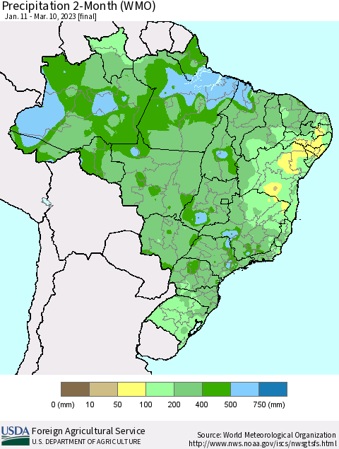 Brazil Precipitation 2-Month (WMO) Thematic Map For 1/11/2023 - 3/10/2023