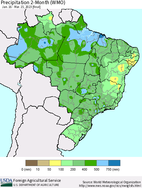 Brazil Precipitation 2-Month (WMO) Thematic Map For 1/16/2023 - 3/15/2023