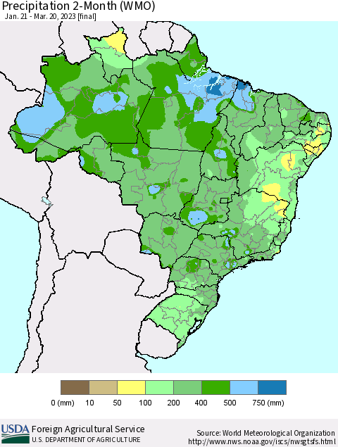 Brazil Precipitation 2-Month (WMO) Thematic Map For 1/21/2023 - 3/20/2023