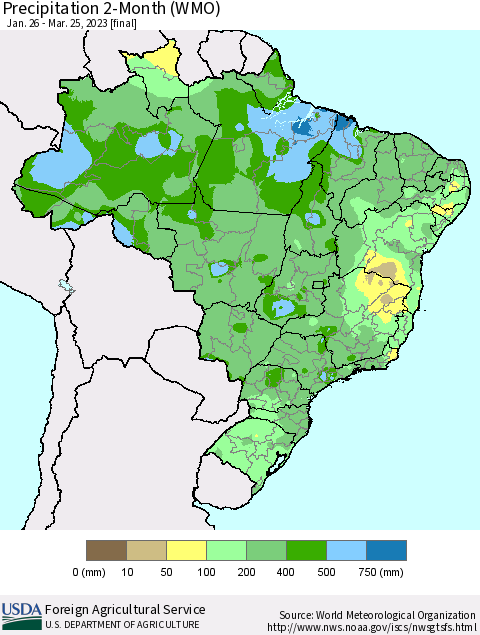Brazil Precipitation 2-Month (WMO) Thematic Map For 1/26/2023 - 3/25/2023