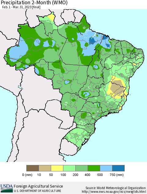 Brazil Precipitation 2-Month (WMO) Thematic Map For 2/1/2023 - 3/31/2023