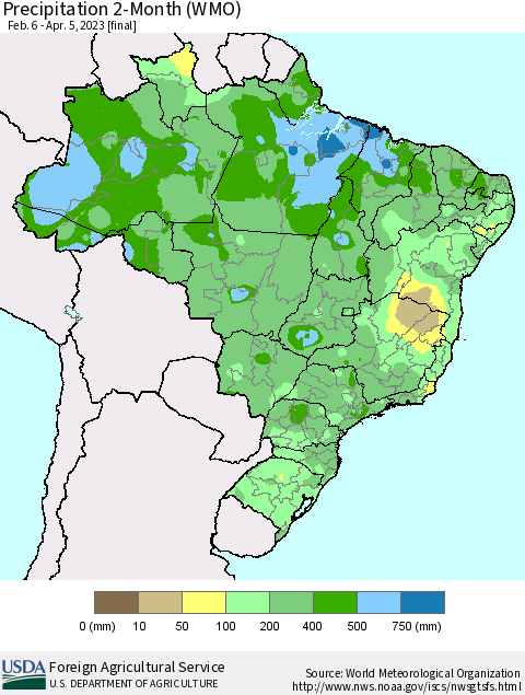 Brazil Precipitation 2-Month (WMO) Thematic Map For 2/6/2023 - 4/5/2023