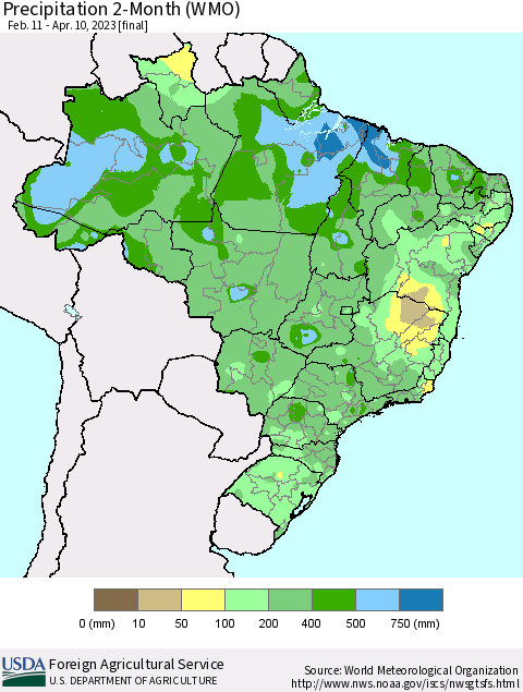 Brazil Precipitation 2-Month (WMO) Thematic Map For 2/11/2023 - 4/10/2023