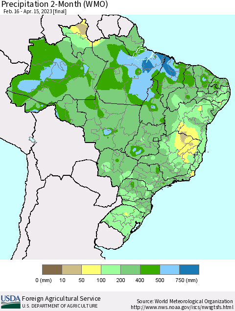 Brazil Precipitation 2-Month (WMO) Thematic Map For 2/16/2023 - 4/15/2023