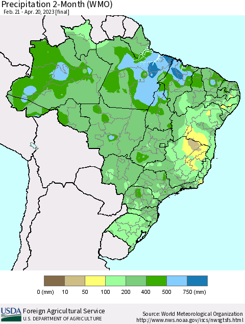 Brazil Precipitation 2-Month (WMO) Thematic Map For 2/21/2023 - 4/20/2023