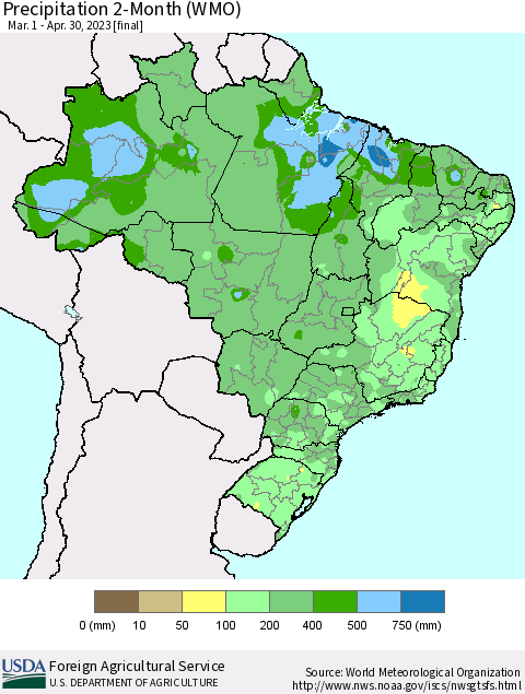 Brazil Precipitation 2-Month (WMO) Thematic Map For 3/1/2023 - 4/30/2023