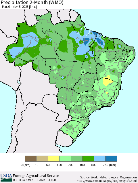 Brazil Precipitation 2-Month (WMO) Thematic Map For 3/6/2023 - 5/5/2023