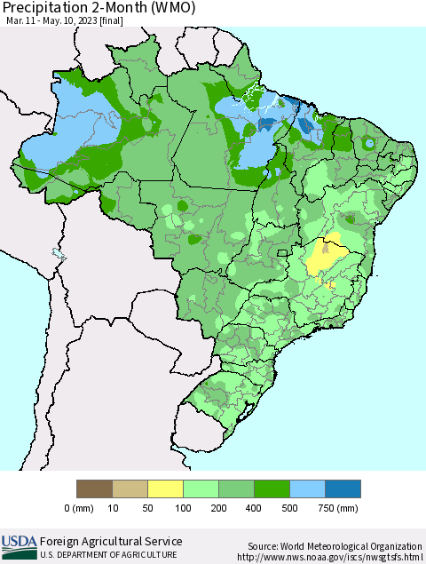 Brazil Precipitation 2-Month (WMO) Thematic Map For 3/11/2023 - 5/10/2023