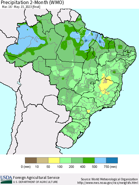 Brazil Precipitation 2-Month (WMO) Thematic Map For 3/16/2023 - 5/15/2023