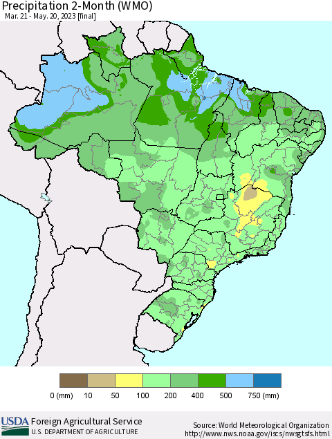 Brazil Precipitation 2-Month (WMO) Thematic Map For 3/21/2023 - 5/20/2023
