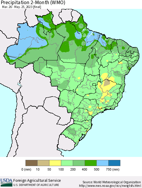 Brazil Precipitation 2-Month (WMO) Thematic Map For 3/26/2023 - 5/25/2023