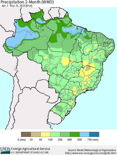 Brazil Precipitation 2-Month (WMO) Thematic Map For 4/1/2023 - 5/31/2023