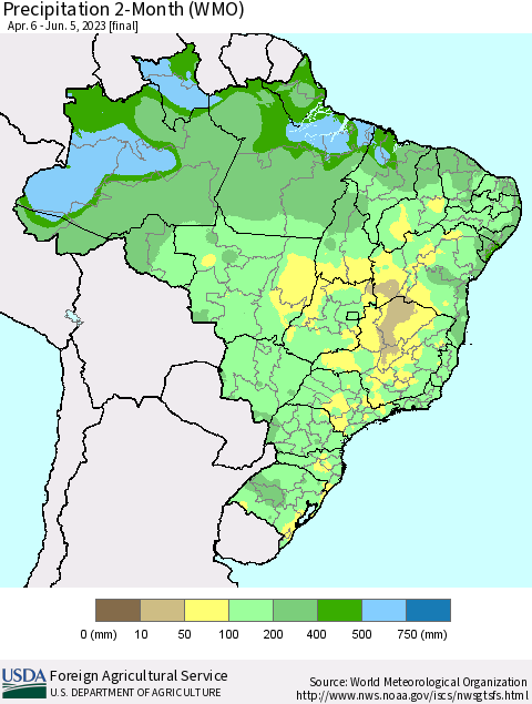 Brazil Precipitation 2-Month (WMO) Thematic Map For 4/6/2023 - 6/5/2023