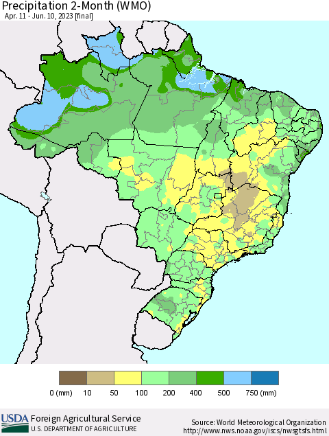 Brazil Precipitation 2-Month (WMO) Thematic Map For 4/11/2023 - 6/10/2023
