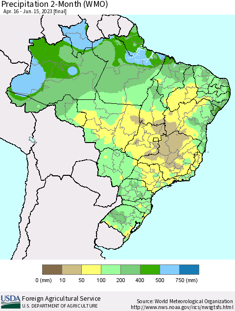 Brazil Precipitation 2-Month (WMO) Thematic Map For 4/16/2023 - 6/15/2023