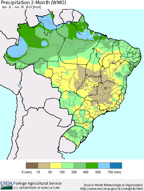 Brazil Precipitation 2-Month (WMO) Thematic Map For 4/21/2023 - 6/20/2023