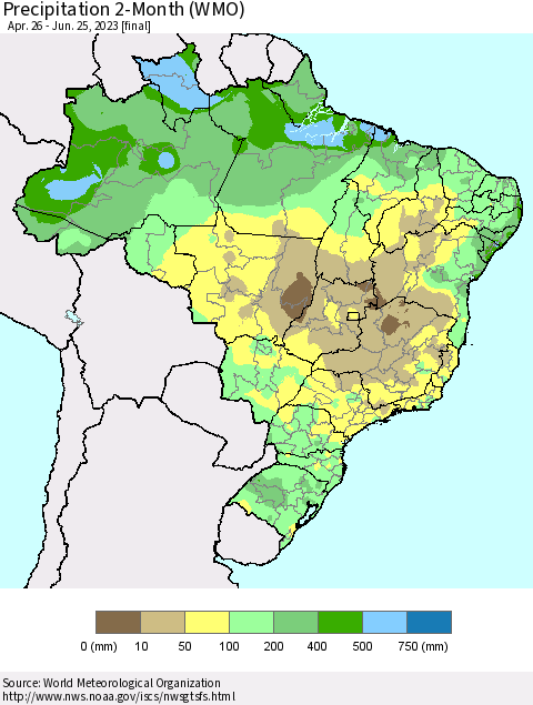 Brazil Precipitation 2-Month (WMO) Thematic Map For 4/26/2023 - 6/25/2023