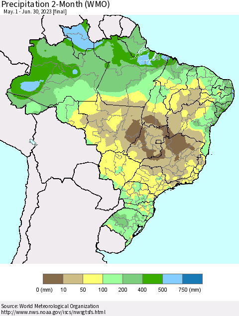 Brazil Precipitation 2-Month (WMO) Thematic Map For 5/1/2023 - 6/30/2023