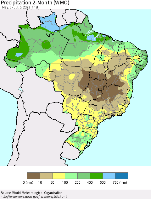 Brazil Precipitation 2-Month (WMO) Thematic Map For 5/6/2023 - 7/5/2023