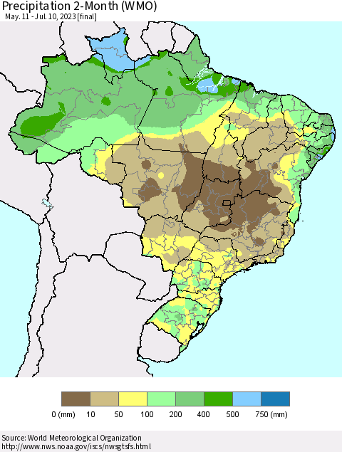 Brazil Precipitation 2-Month (WMO) Thematic Map For 5/11/2023 - 7/10/2023