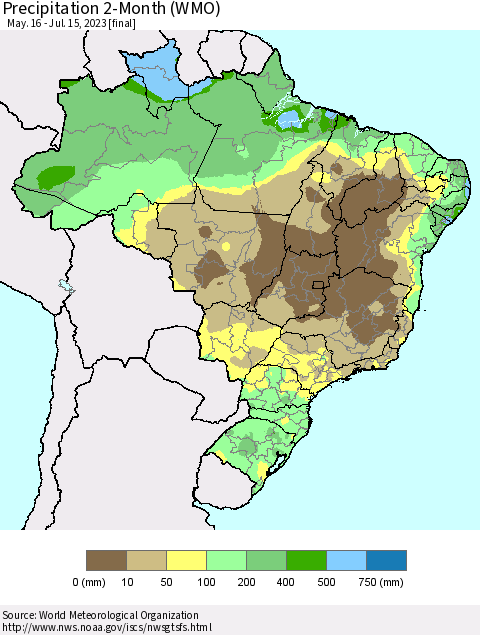 Brazil Precipitation 2-Month (WMO) Thematic Map For 5/16/2023 - 7/15/2023