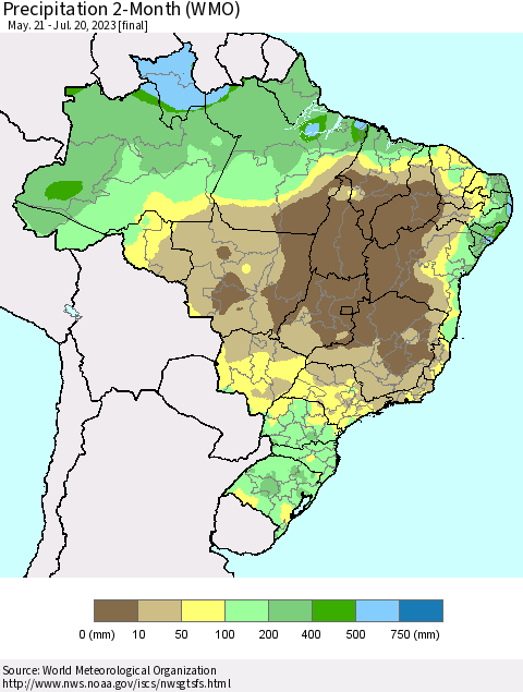 Brazil Precipitation 2-Month (WMO) Thematic Map For 5/21/2023 - 7/20/2023