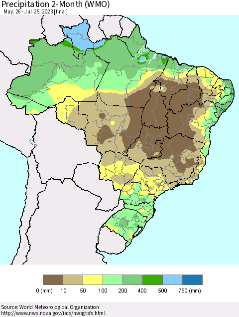 Brazil Precipitation 2-Month (WMO) Thematic Map For 5/26/2023 - 7/25/2023