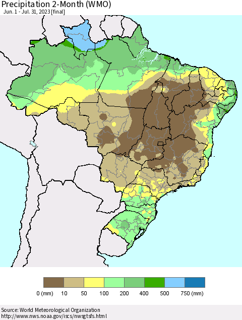 Brazil Precipitation 2-Month (WMO) Thematic Map For 6/1/2023 - 7/31/2023