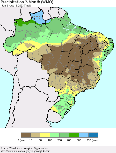 Brazil Precipitation 2-Month (WMO) Thematic Map For 6/6/2023 - 8/5/2023