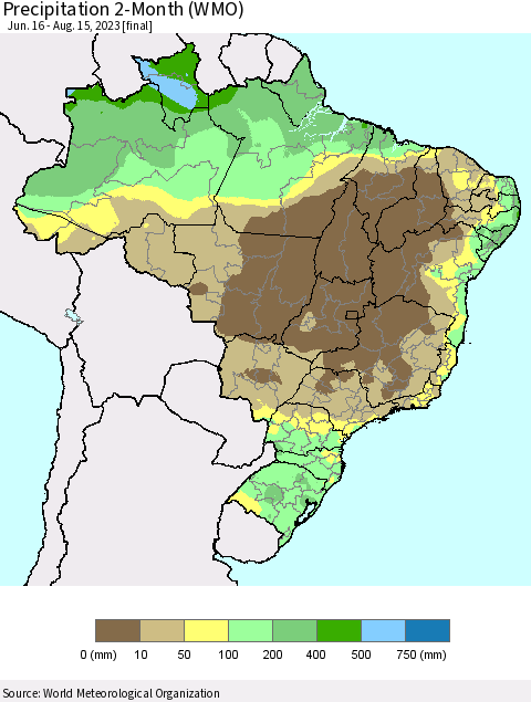 Brazil Precipitation 2-Month (WMO) Thematic Map For 6/16/2023 - 8/15/2023